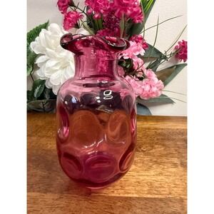 Vintage Cranberry Glass Vase Ruffled Rim Coin Dot‎ Thumbprint Pattern MCM Blown